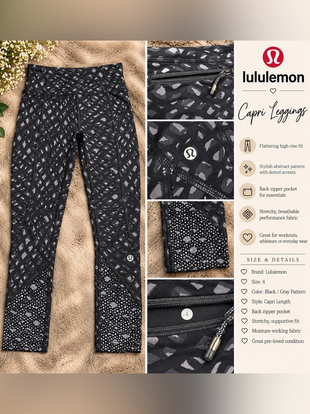 lululemon athletica Kids Black and Gray Abstract Capri Leggings